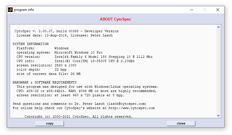 Window displaying the License information ('About')